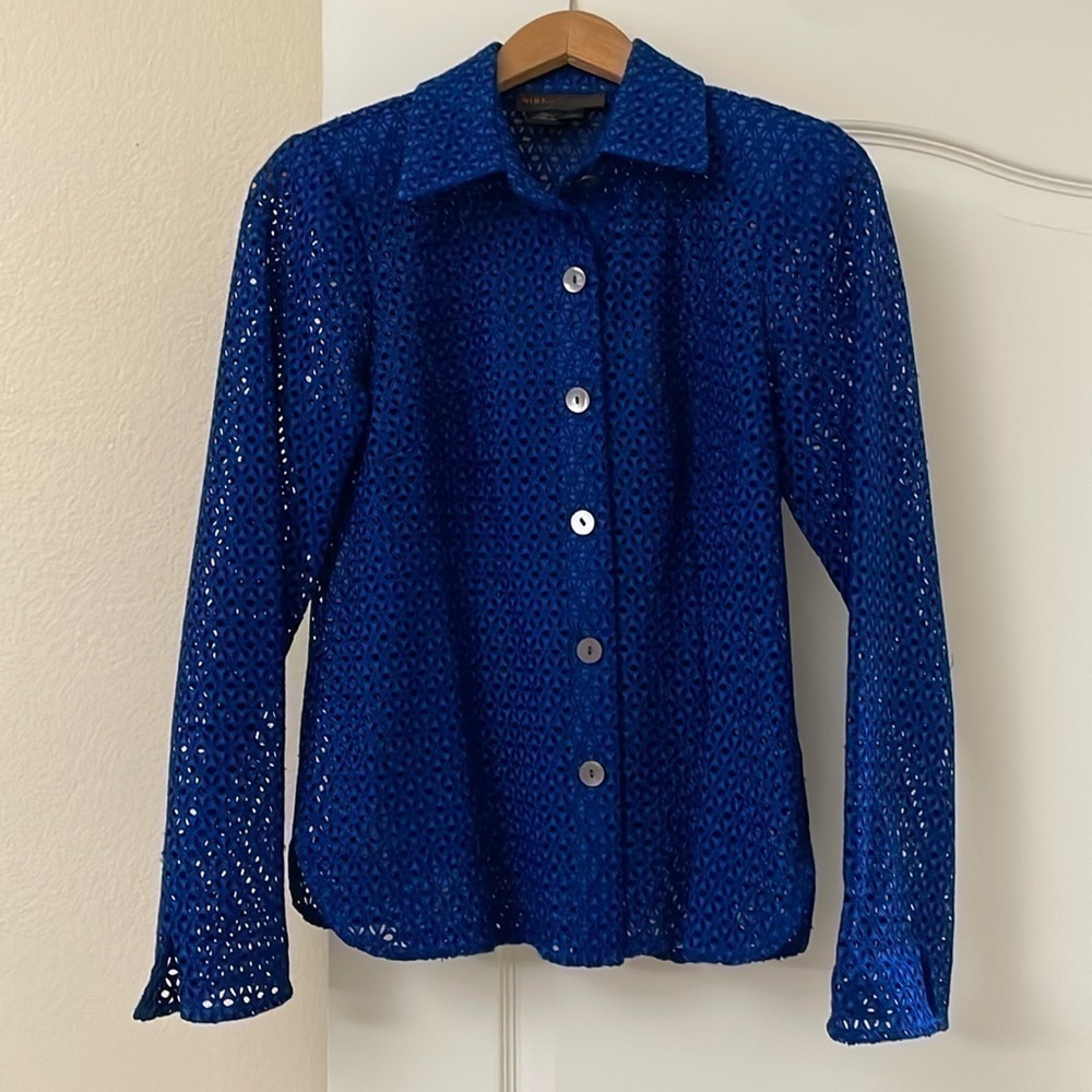 NINA McLemore BLUE Eyelet Type Jacket—STUNNING Fabric and Color—Like New! Size 0